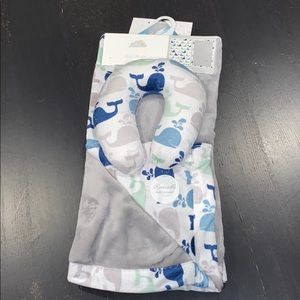 Reversible baby blanket with travel pillow